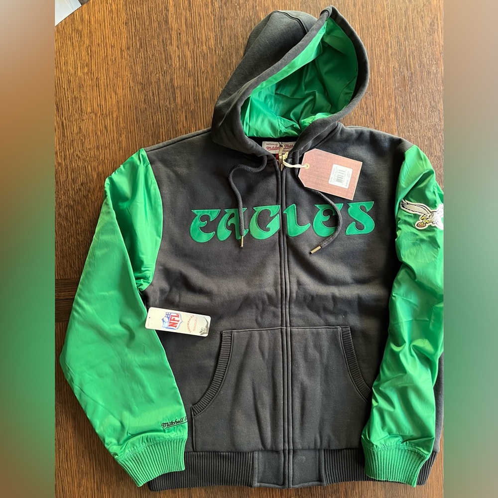 Philadelphia Eagles NFL Mitchell & Ness Black and Green Throwbacks Hoodie. LARGE
